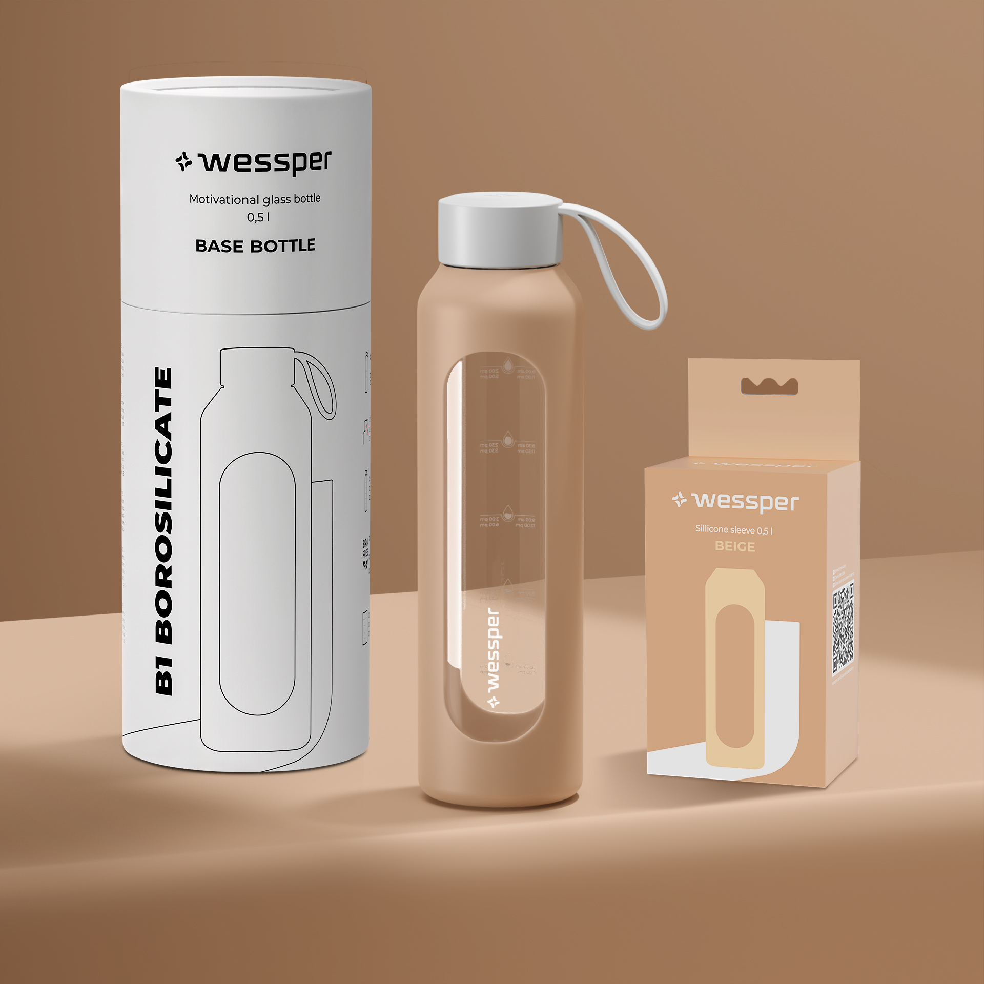 Butelka motywacyjna Wessper B1 BOROSILICATE Beige 500 ml