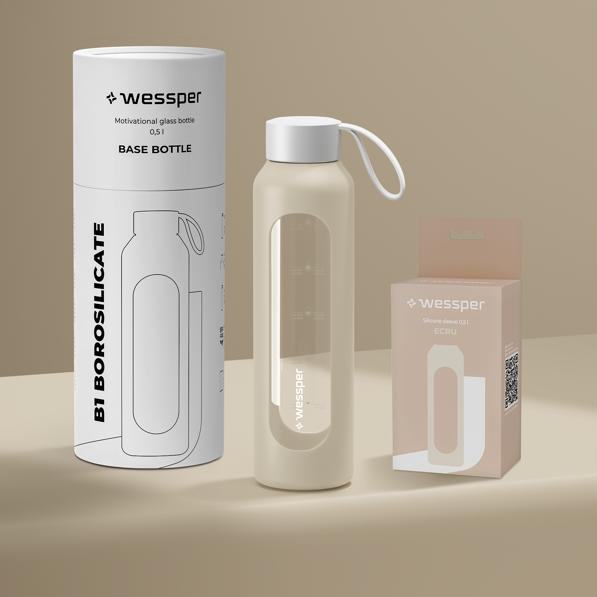 Butelka motywacyjna Wessper B1 BOROSILICATE Ecru 500 ml
