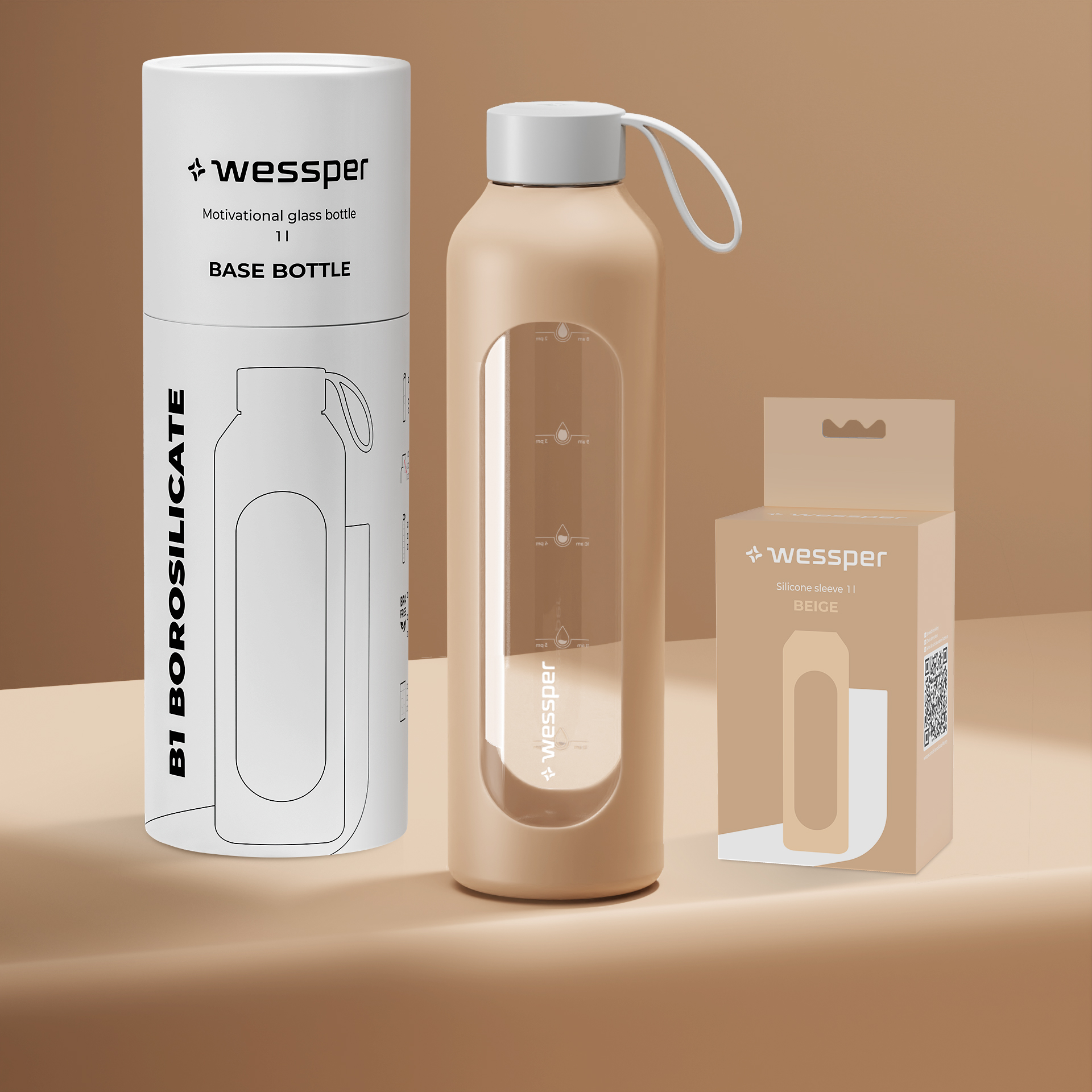 Butelka motywacyjna Wessper B1 BOROSILICATE Beige 1 L
