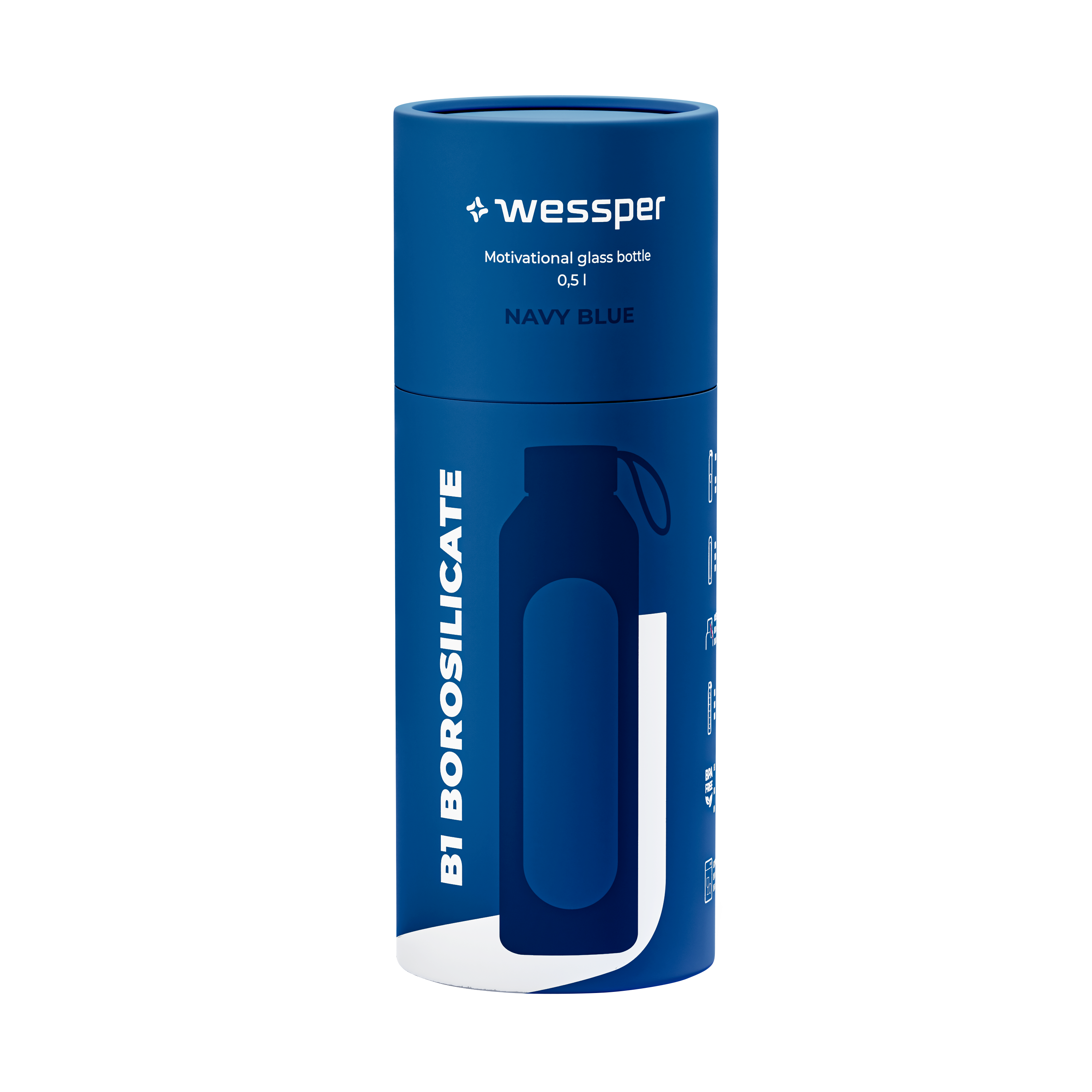 Butelka motywacyjna Wessper B1 BOROSILICATE Navy Blue 500 ml