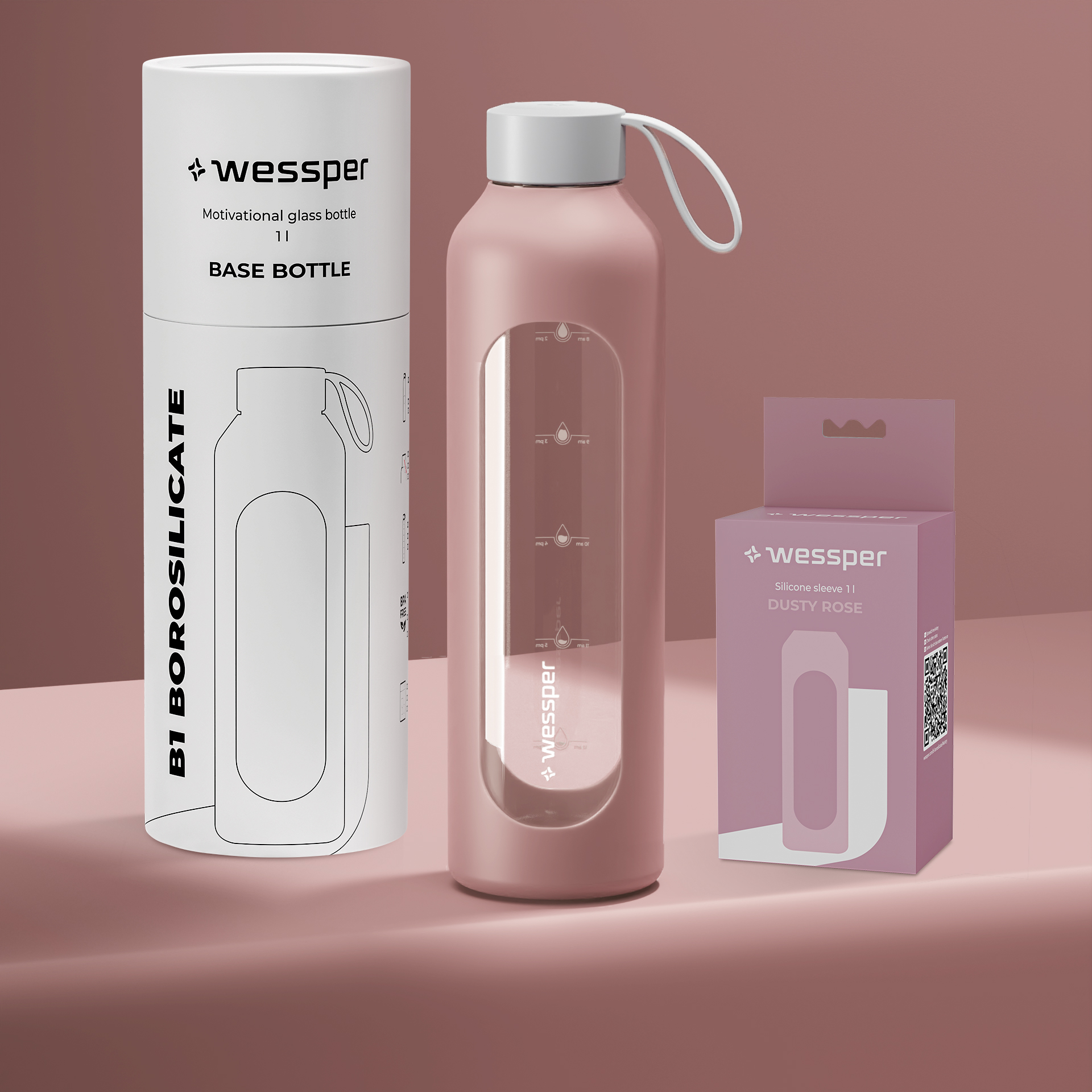 Butelka motywacyjna Wessper B1 BOROSILICATE Dusty Rose 1 L